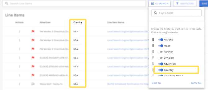 country code line items table