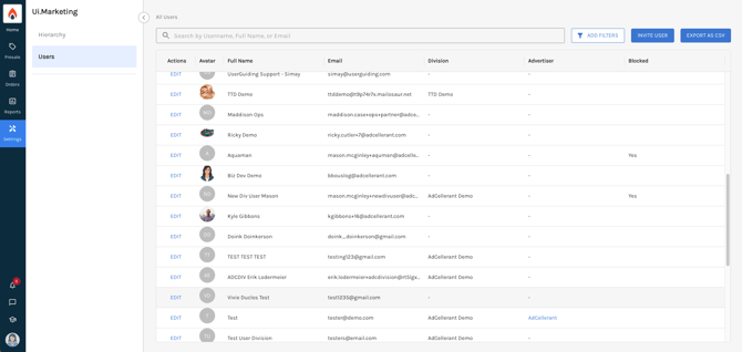 User table within Ui.Marketing